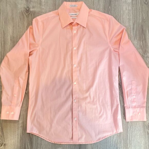 Calvin Klein Non-Iron Peach Stripe Button Front Shirt Size Small - Picture 1 of 6